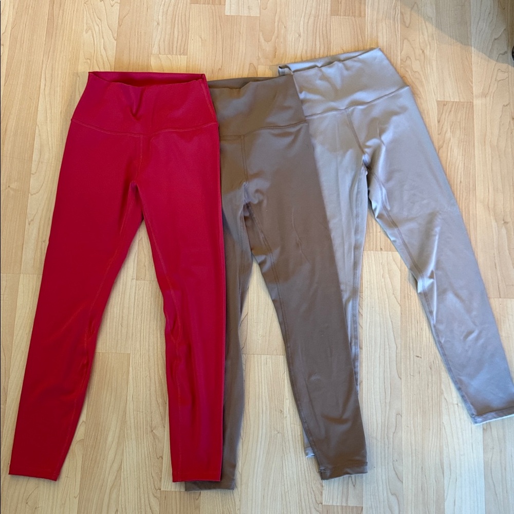 3 Pairs of High Waist Leggings Red Dark Tan Sand 25” 7/8 Length Gym Yoga Pilates